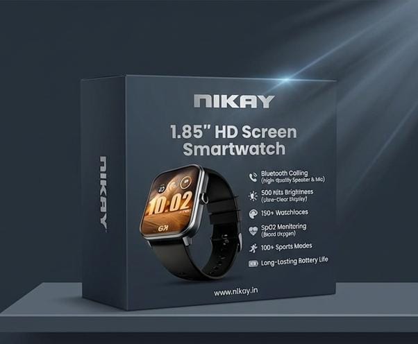 Nikay Smart Watch 1.85''HD Screen, Bluetooth Calling, IP68, 500 Nits Brightness,150+ Watchfaces, AI Voice Assistant, SpO2 Monitoring, 100+ Sports Mode Smartwatch (Jet Black)