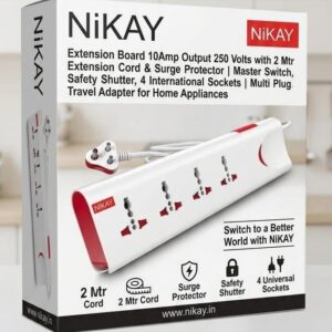 Nikay Extension Board 10Amp Output 250 Volts with 2 Mtr Extension Cord & Surge Protector | Master Switch, Safety Shutter, 4 International Sockets | Multi Plug Travel Adapter for Home Appliances