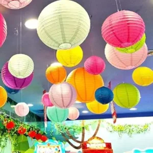 Nikay Round Hanging Ball Paper Lantern Paper Lamp | Light Lamp | Decoration at Balcony Outdoor, Party Birthday, Multicolor Paper Hanging Lantern | (12inch, Mix Colour) - Pack of 5
